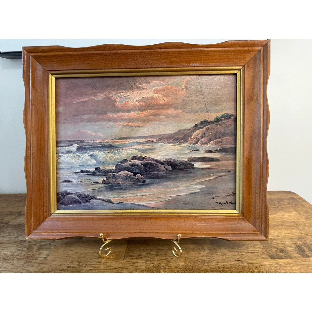 Vintage Robert Wood Signed Coastal Seascape Painting Ocean Waves Framed Art